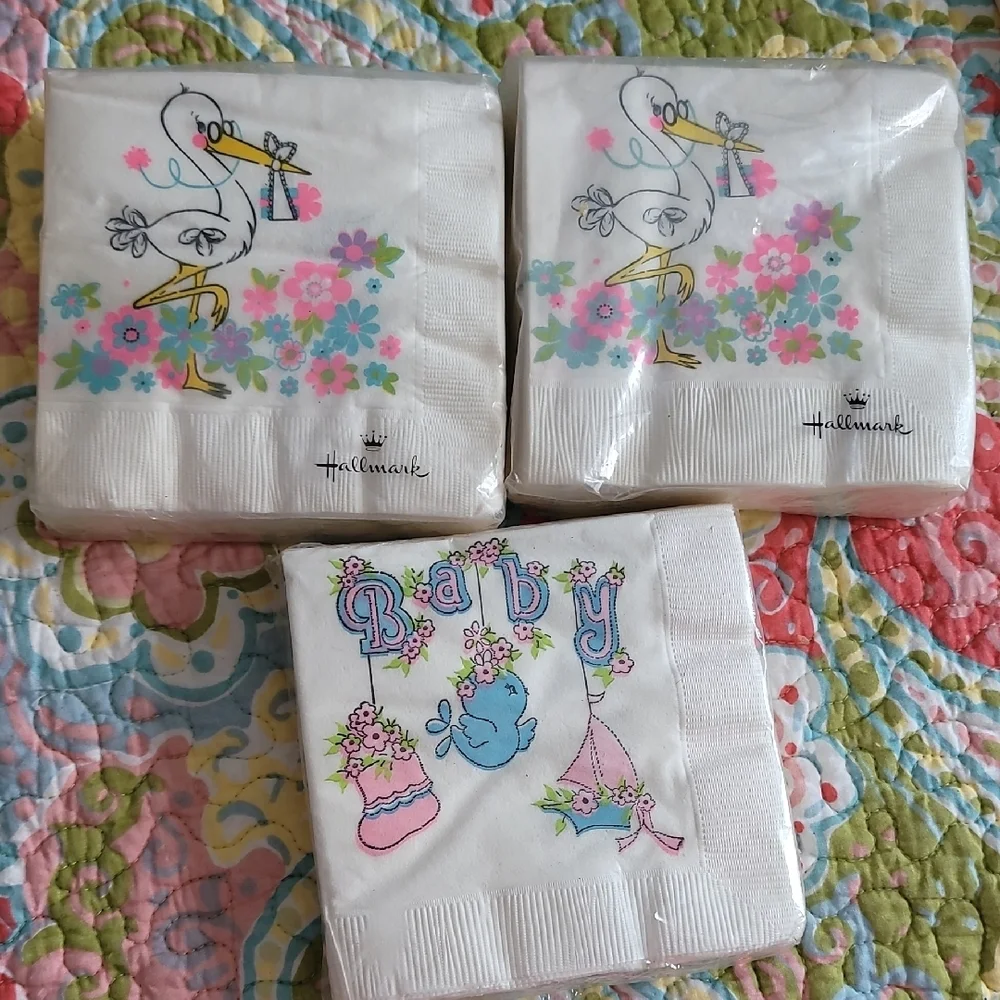 Vintage Hallmark Baby Shower Napkins - White with Multicolor Design